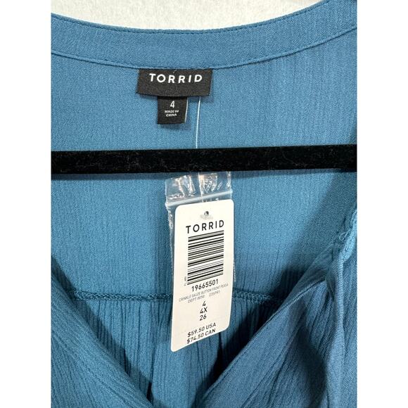 Torrid Blue Crinkle Gauze Button Front Blouse Tie Neck Long Sleeve 4X Blue New - Picture 6 of 8